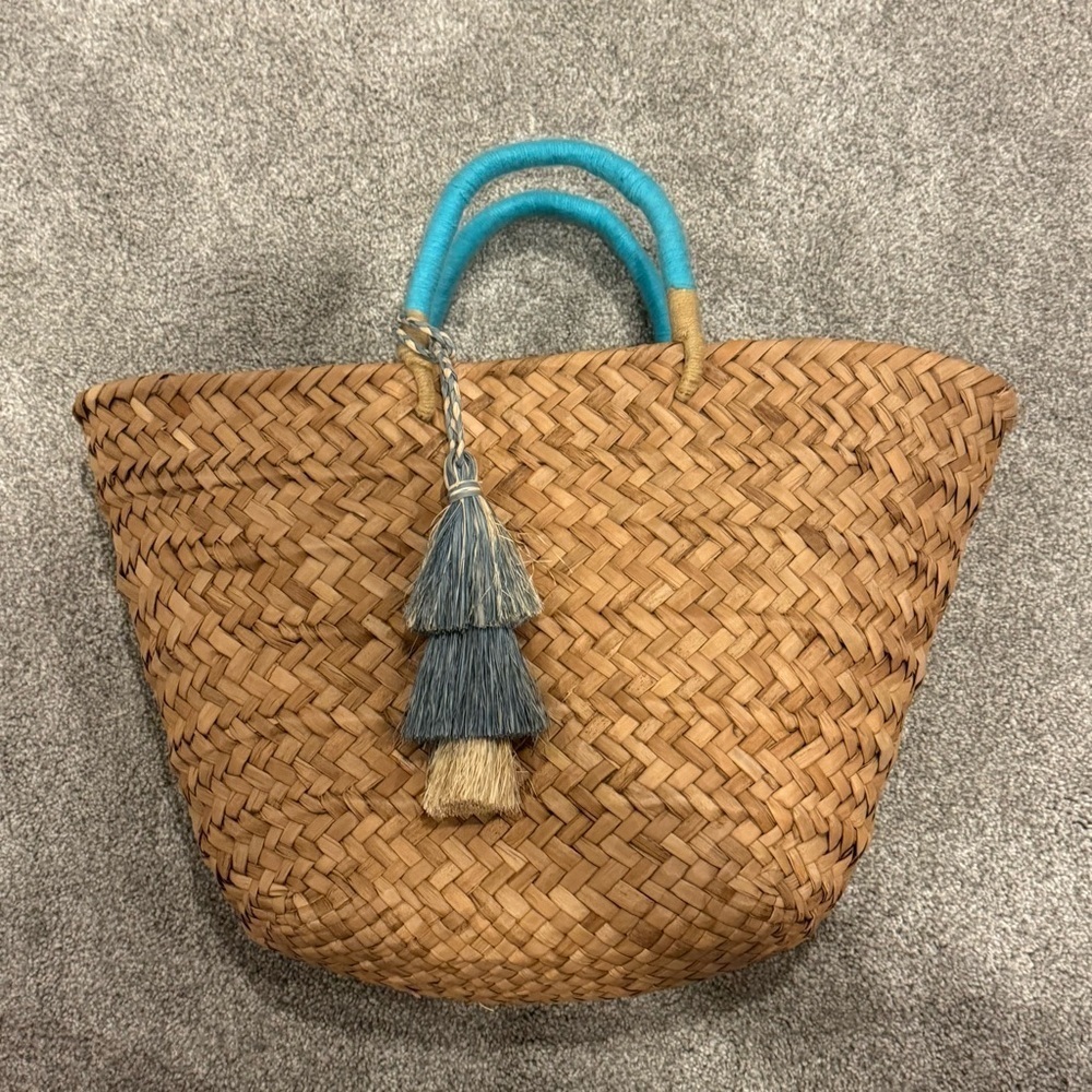 Kayu St. Tropez tote large blue handles and tassel straw basket bag